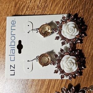 Vintage Liz Claiborne Brown Rhinestone and White Rose Chunky Earrings